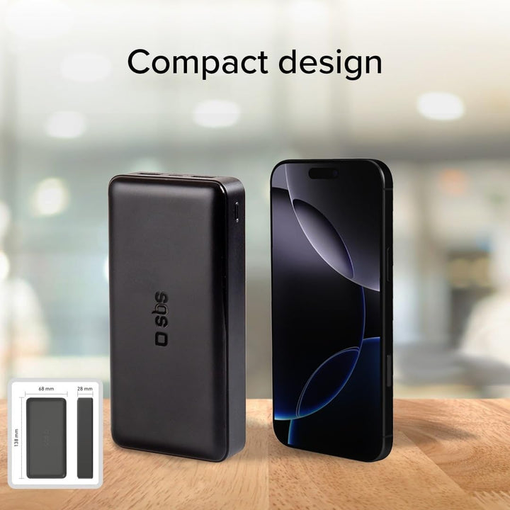 SBS Power Bank Ladegerät 20000 mAh, 1 x 10W USB-A Port und 1 x 5W, 1 x 10W USB-C, schlank, leicht, l