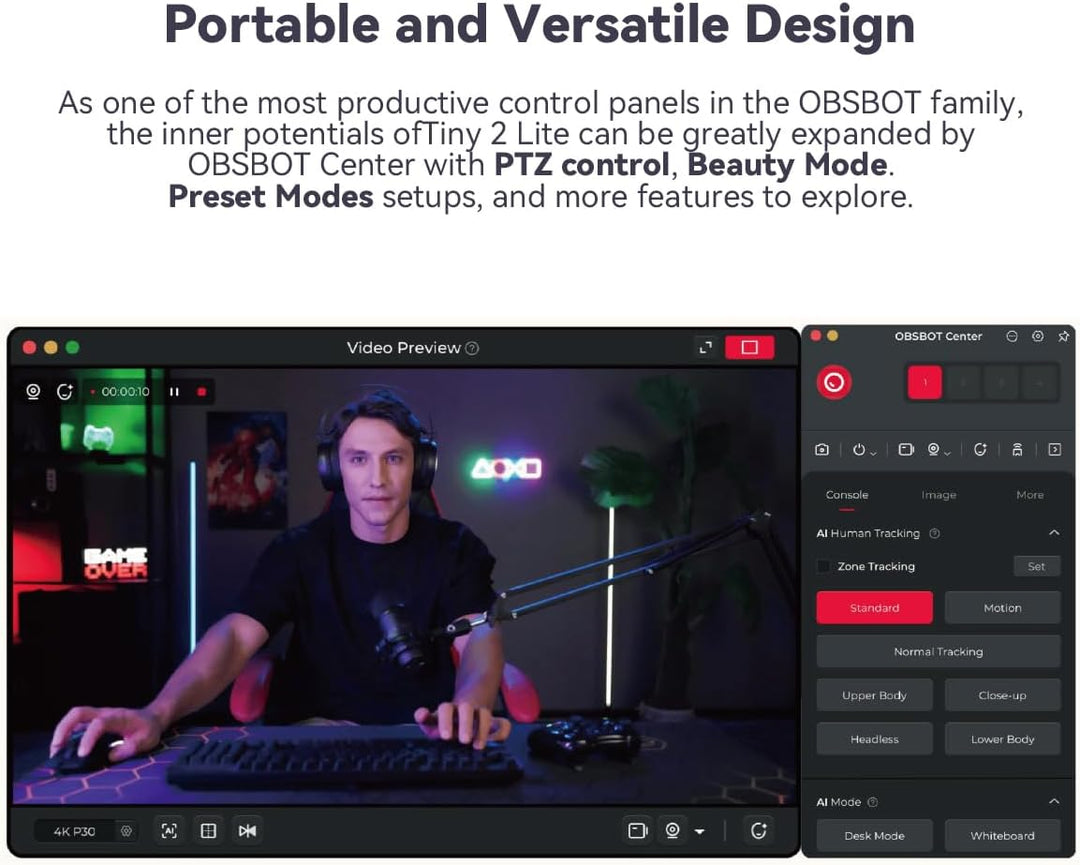 OBSBOT Tiny 2 Lite, PTZ 4K Webcam 1080P@60fps HDR, PC Kamera mit KI-Tracking, Mikros mit KI-Geräusch