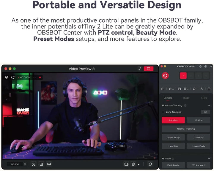 OBSBOT Tiny 2 Lite, PTZ 4K Webcam 1080P@60fps HDR, PC Kamera mit KI-Tracking, Mikros mit KI-Geräusch