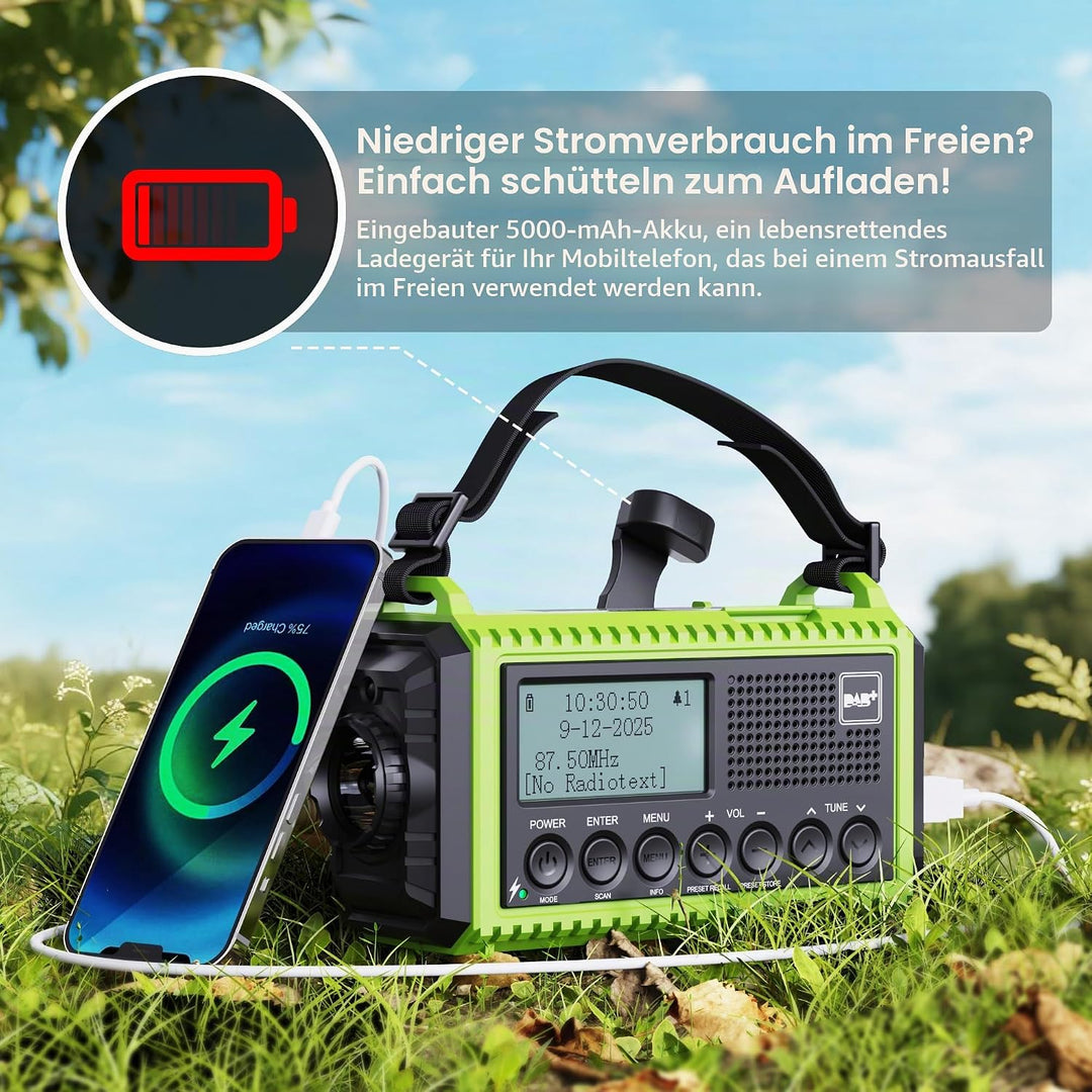 Kurbelradio DAB Radio, Baustellenradio mit Akku 5000mAh Wiederaufladbare, UKW/DAB Plus Radio, Akku R