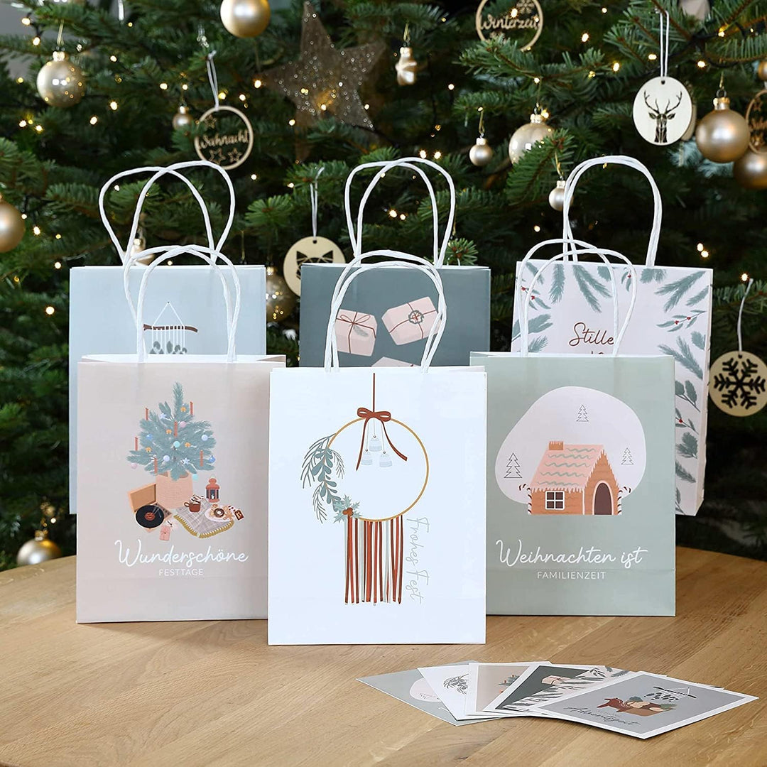 Papierdrachen Geschenktüten Weihnachten gross - 6 Stück - pastell - Scandi-Stil - 22×18×8 cm - inkl.