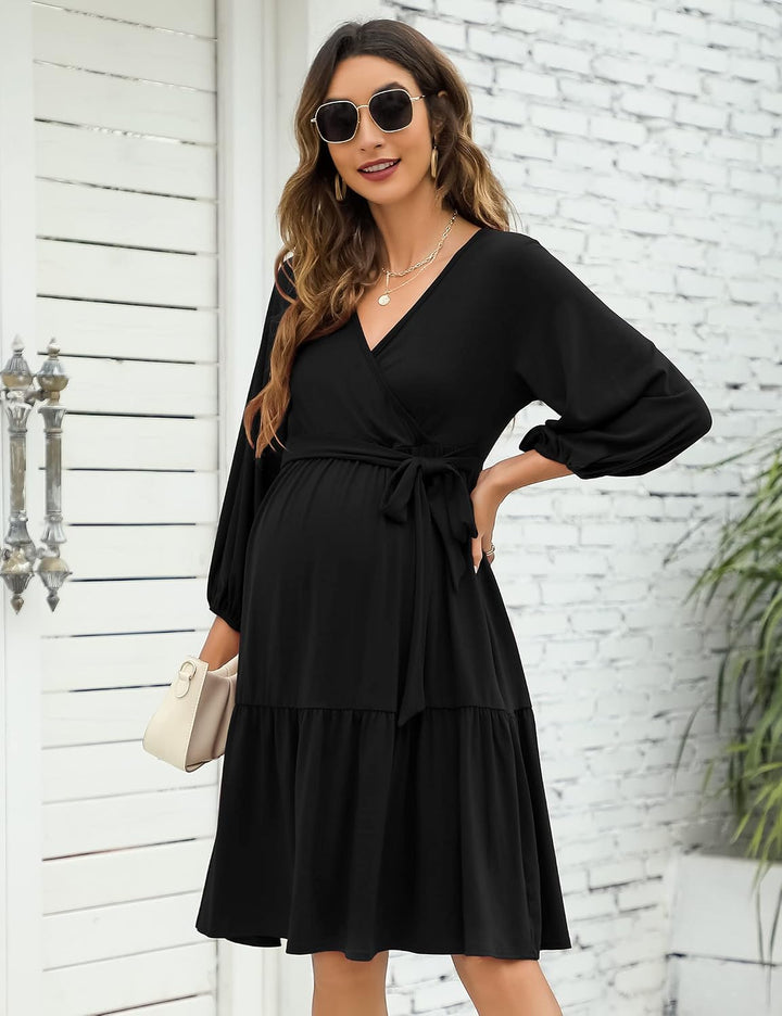 KOJOOIN Damen Umstandskleid V-Ausschnitt 3/4 Ärmel Stillkleid Rüschen Schwangerschafts Kleider mit G