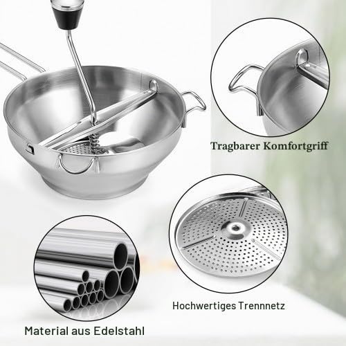 Passiergerät Edelstahl, Passiermühle mit 3 Siebeinsatz Lochscheiben, Einfaches Mahlen, Kartoffelpres