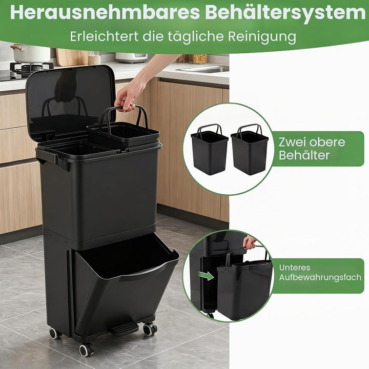 LIFEZEAL 36L Abfalleimer Küche, Mülleimer auf Rädern mit 2 Ebenen, Abfallbehälter mit Pedal & neigba