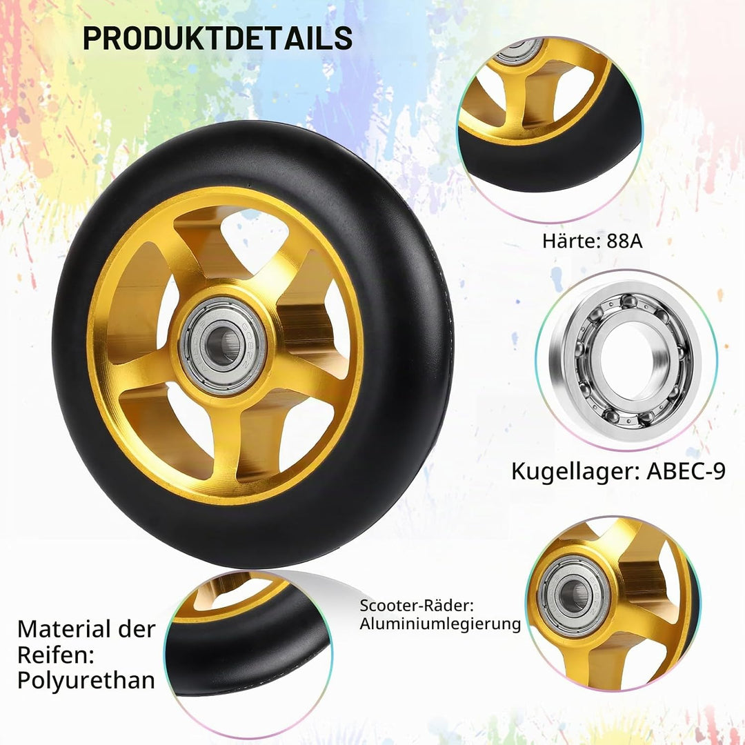 Stunt Scooter Rollen, 2 Stück Scooter Ersatzräder, 100mm Scooter Räder mit ABEC, 9 Kugellager, Härte