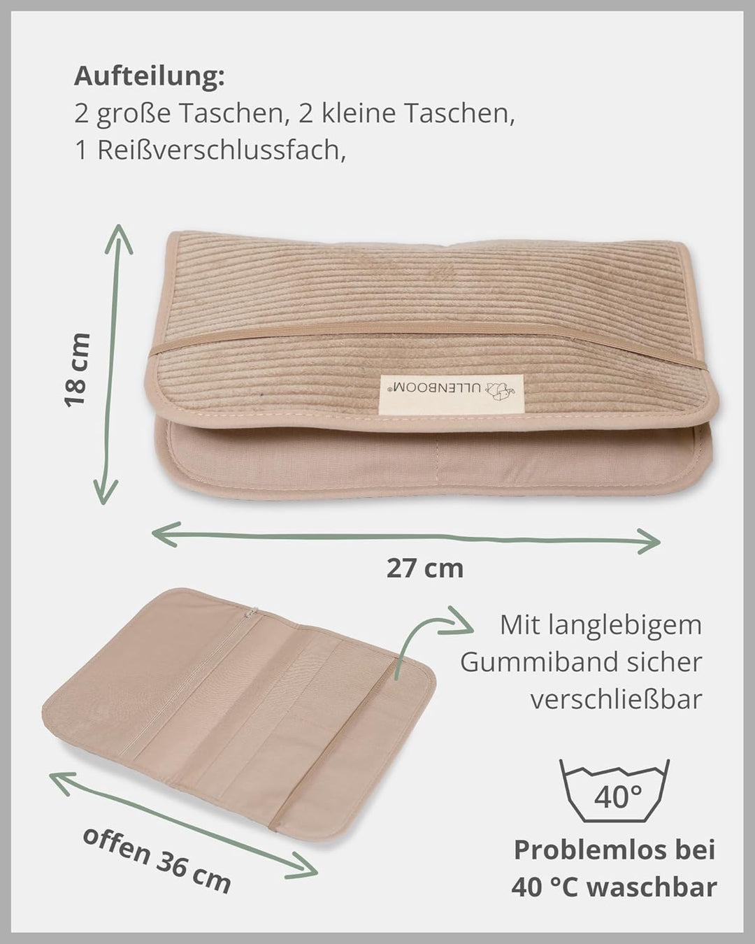 ULLENBOOM Windeltasche für unterwegs, Cord Sand, Made in EU - Wickeltasche für bis zu 3 Windeln, Feu
