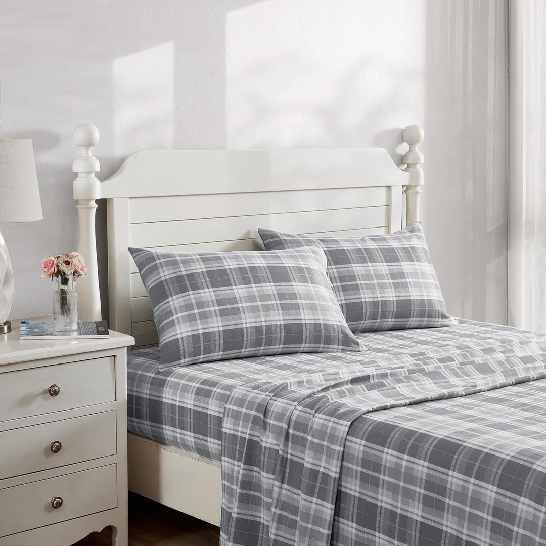 Laura Ashley Blätter Baumwoll-Flanell-Bettwäsche-Set, Mulholland Plaid Grau, Twin Twin Mulholland Pl