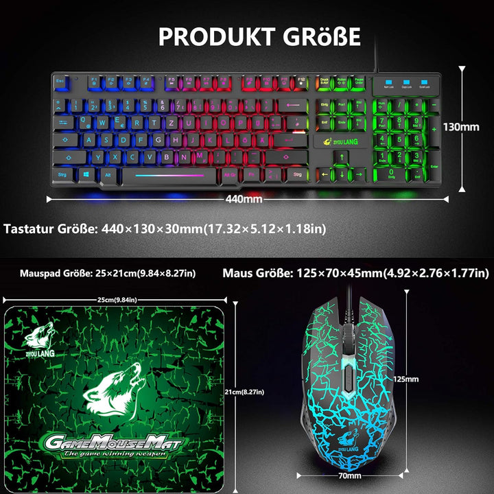 Gaming Tastatur und Maus mit Handballenauflage, QWERTZ Deutsches Layout Regenbogen LED Hintergrundbe