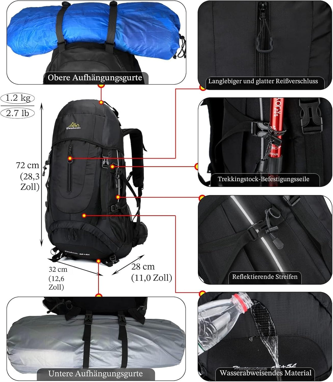70L Trekkingrucksack Campingrucksack Reiserucksack Wanderrucksack Grosser Rucksack für Damen Herren