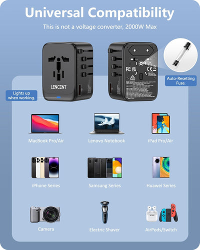 LENCENT Internationaler Reiseadapter,GaN III 65W Universal Reisestecker mit 1 USB-A & 3 USB-C PD Sch