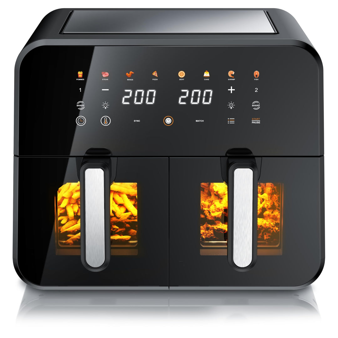 Arendo - XXL Heissluftfritteuse 11 Liter - 2 Kammern mit Fenster - extra Gross Dual Zone - Backofen