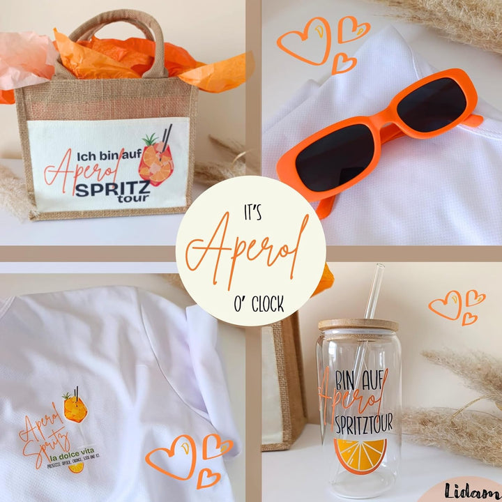Aperol Spritz Geschenkset | Jutetasche mit Aperol T-Shirt Damen, Trinkglas mit Strohhalm | Sommer Ge