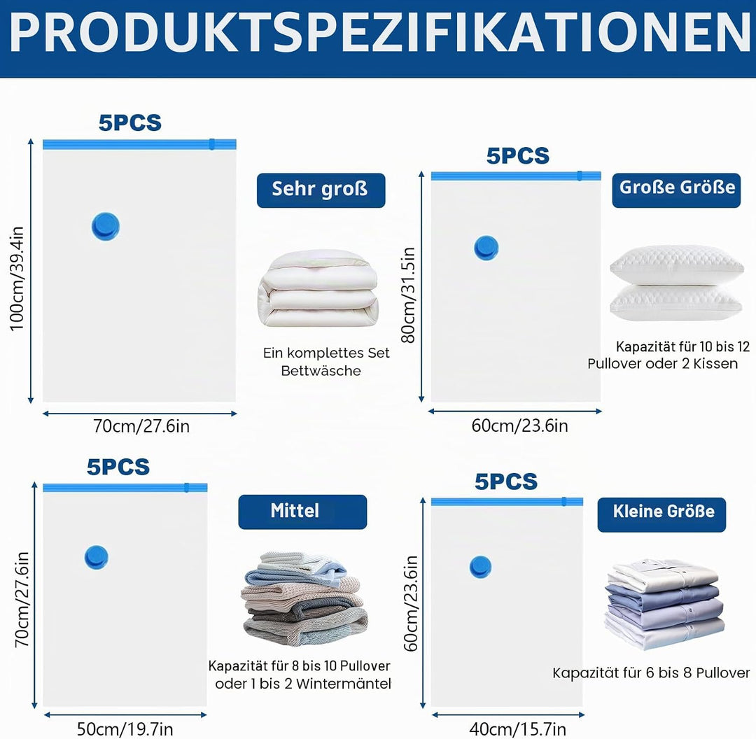 Vakuumbeutel für Kleidung mit Pumpe, 20 Stück Vacuum Bags für Bettdecken,Kleidung,Reise,Kissen, Clot