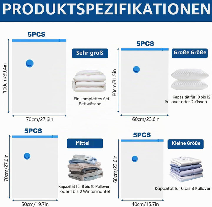 Vakuumbeutel für Kleidung mit Pumpe, 20 Stück Vacuum Bags für Bettdecken,Kleidung,Reise,Kissen, Clot