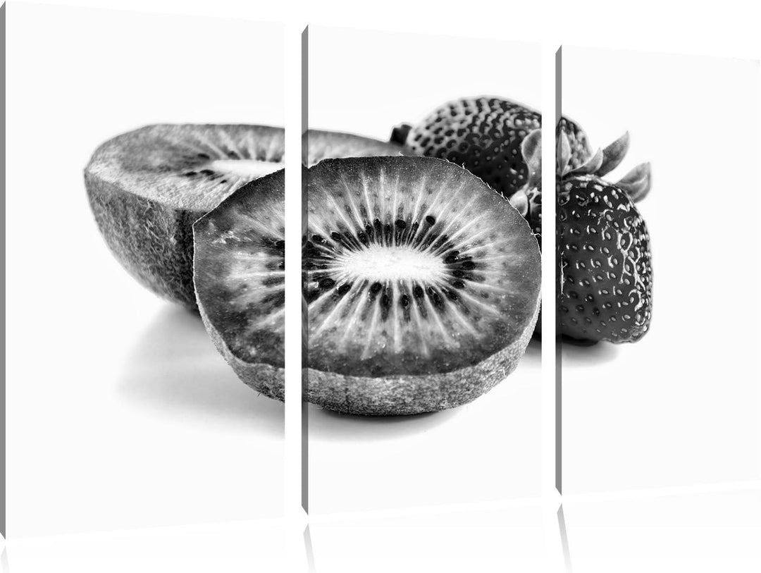 Pixxprint Monocrome, Kiwi und Erdbeeren 3-Teiler Leinwandbild 120x80 Bild auf Leinwand