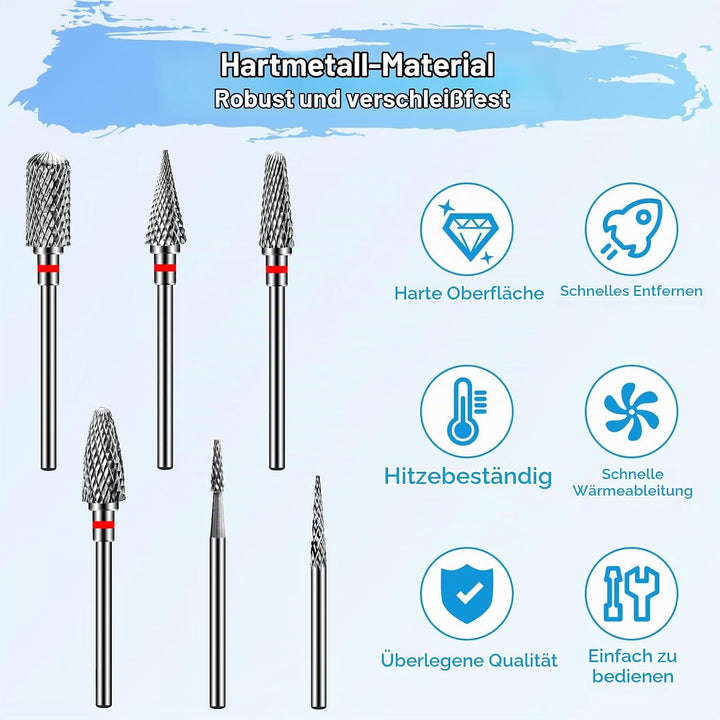 CGBE Nagelfräser Bits, 6 Stück Nagelfräser Aufsätze Schleifköpfe Hartmetall Maschine Zubehör für Man