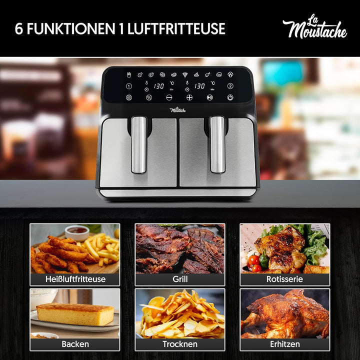 La Moustache - Heissluftfritteuse 8L mit 2 Separaten Körben, Ölfreie Fritteuse 1700W, 10 Programmen,