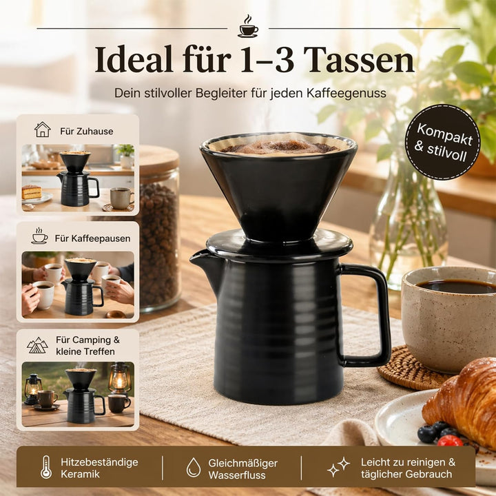Keramik Kaffeebereiter Kaffeekanne mit Kaffeefilter - Handfilter Kaffee Set in Schwarz Hitzebeständi