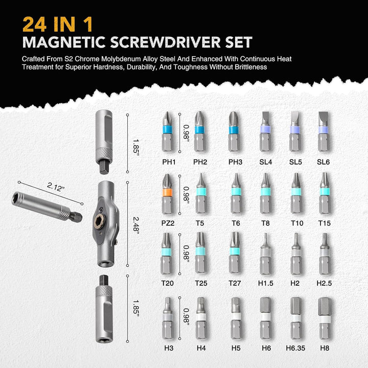 Ratschen Schraubendreher 24tlg., mit S2 Stahlbit, Magnetgriff, Verlängerung | Starke Magnetkraft, Fl