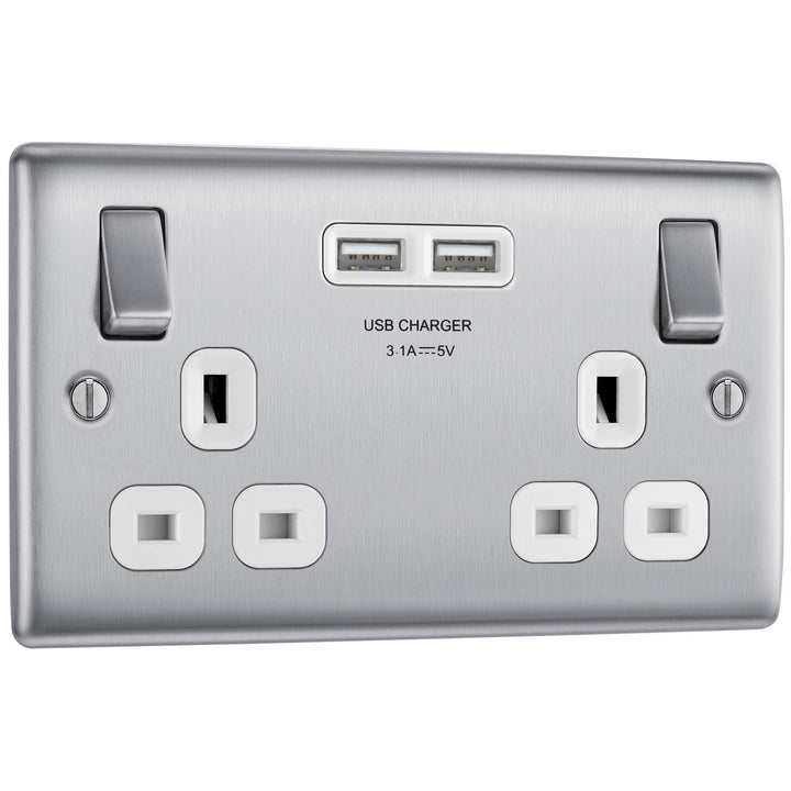 BG Electrical NBS22U3W Nexus Metall, gebürsteter Stahl, doppelt geschaltete 13A-Steckdose mit USB-Au
