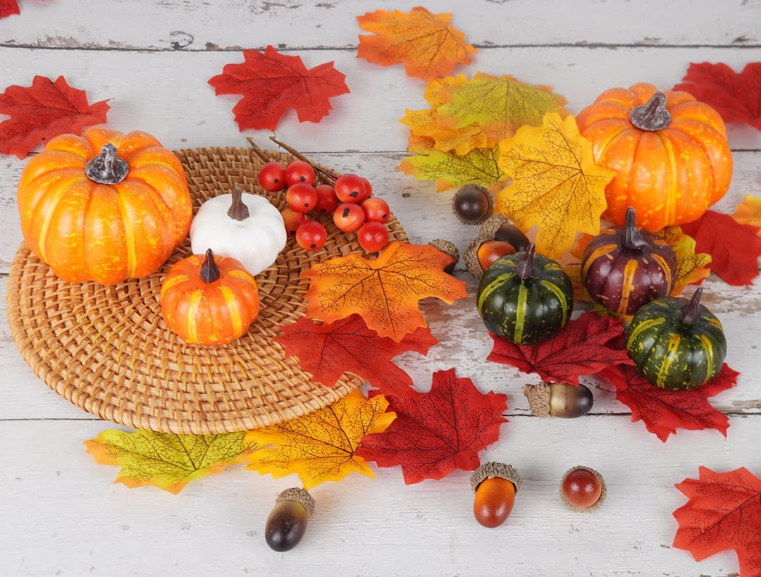 Miaikoe 162 Pcs Herbst Künstliche Ahornblätter, Ernst Kürbisse, Eicheln, Kiefernzapfen und Orange Be