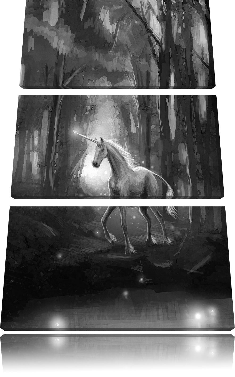 Pixxprint Einhorn im Zauberwald / 3-Teilig/Gesamtmass 120cm Leinwandbild bespannt auf Holzrahmen/Wan