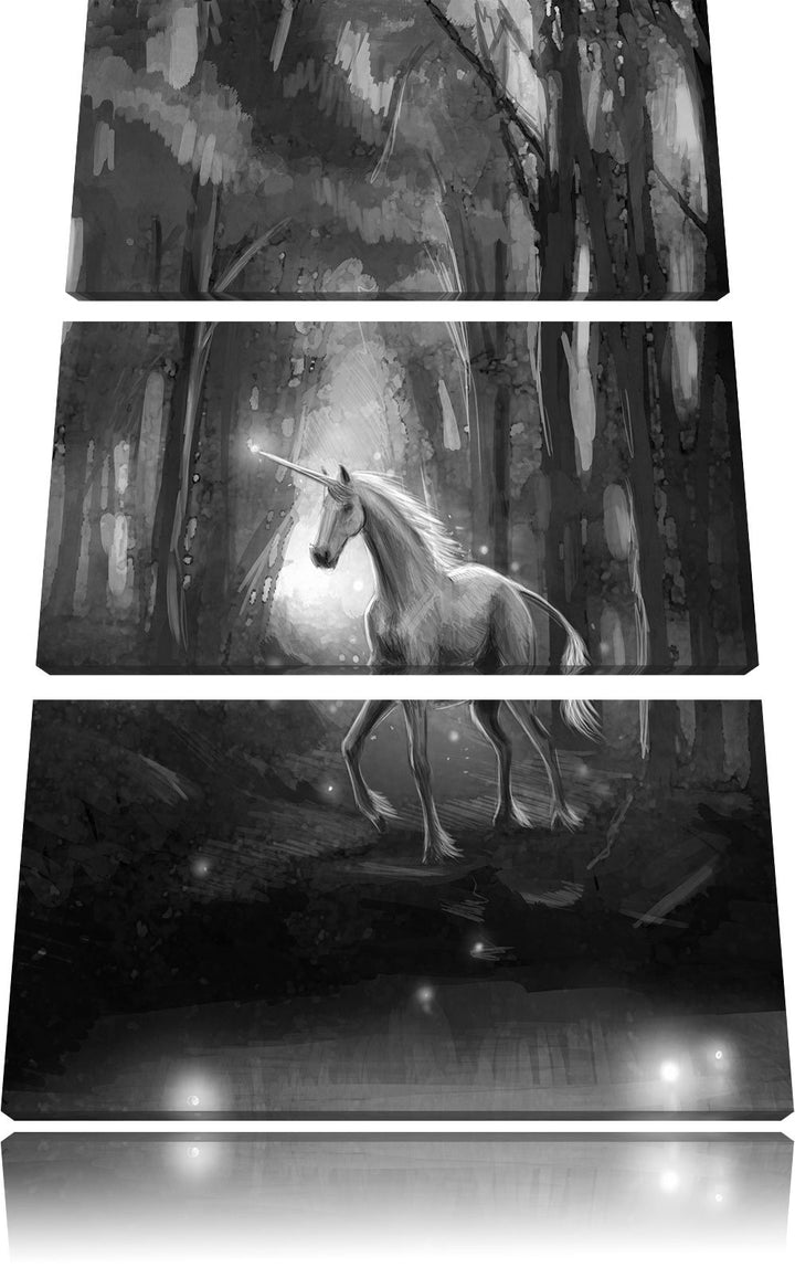 Pixxprint Einhorn im Zauberwald / 3-Teilig/Gesamtmass 120cm Leinwandbild bespannt auf Holzrahmen/Wan