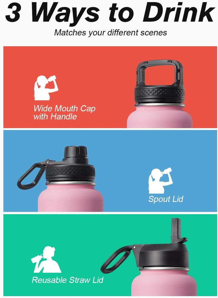 Isolierte Wasserflasche mit Strohhalm und 3 Deckeln, Coolflask Edelstahl-Metallflasche, breite Öffnu