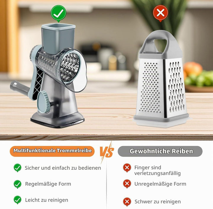 Cheese Grater, Käsereibe mit Kurbel, Trommelreibe, Gemüsehobel Reibe mit 3 Trommelklingen, manuell r