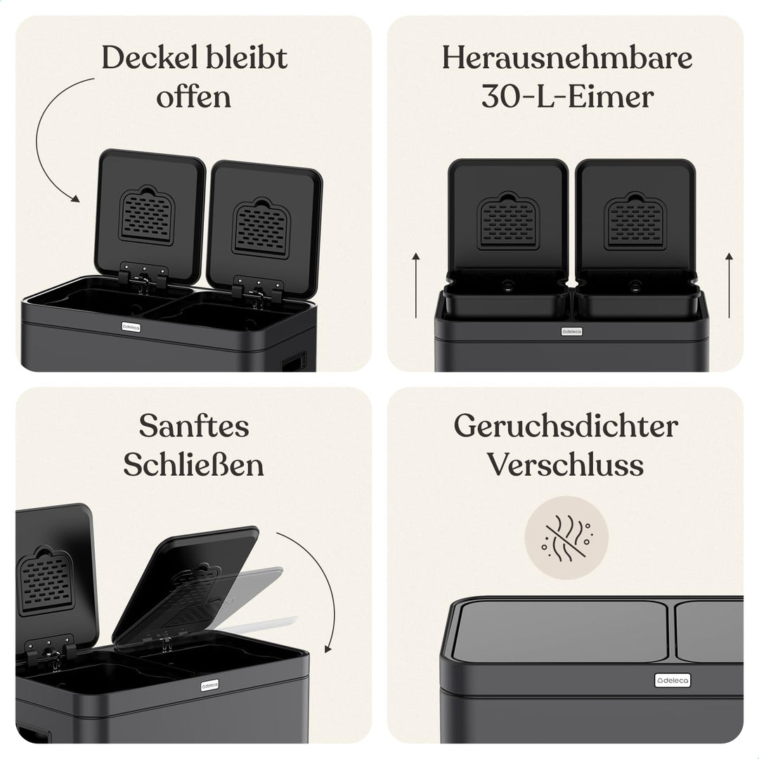 Mülleimer Küche 2 Fächer 60L - Doppelmülleimer mit FreshAura Geruchsfilter - Duo Slow Close Tretmüll