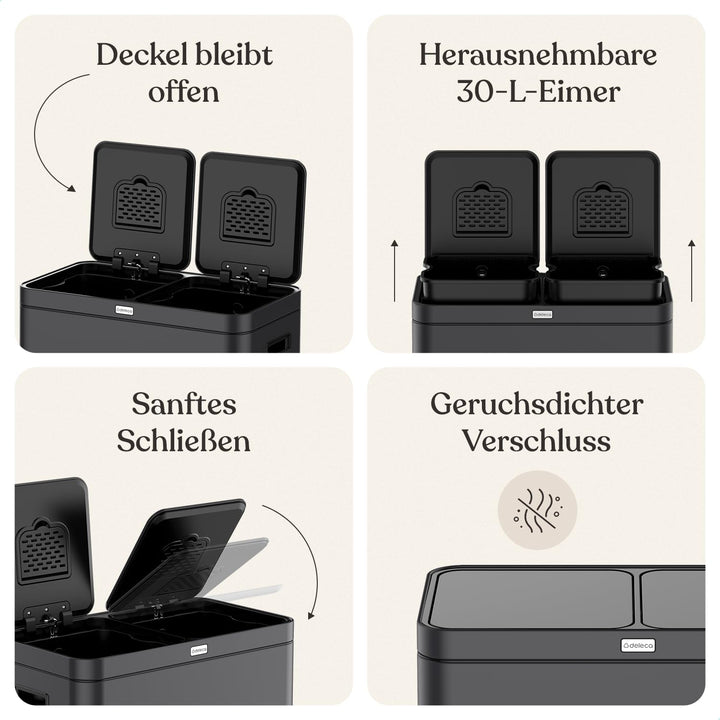 Mülleimer Küche 2 Fächer 60L - Doppelmülleimer mit FreshAura Geruchsfilter - Duo Slow Close Tretmüll