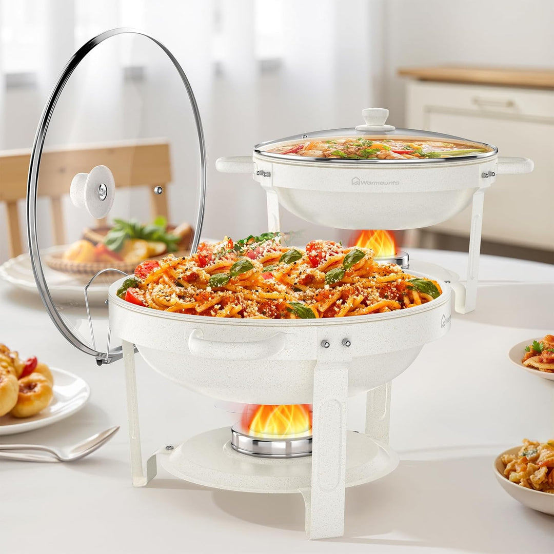 WARMOUNTS Weisse Chafing Dishes Buffet 5L 2er Set, Maifan Stein Beschichtung Rund Speisenwärmer für