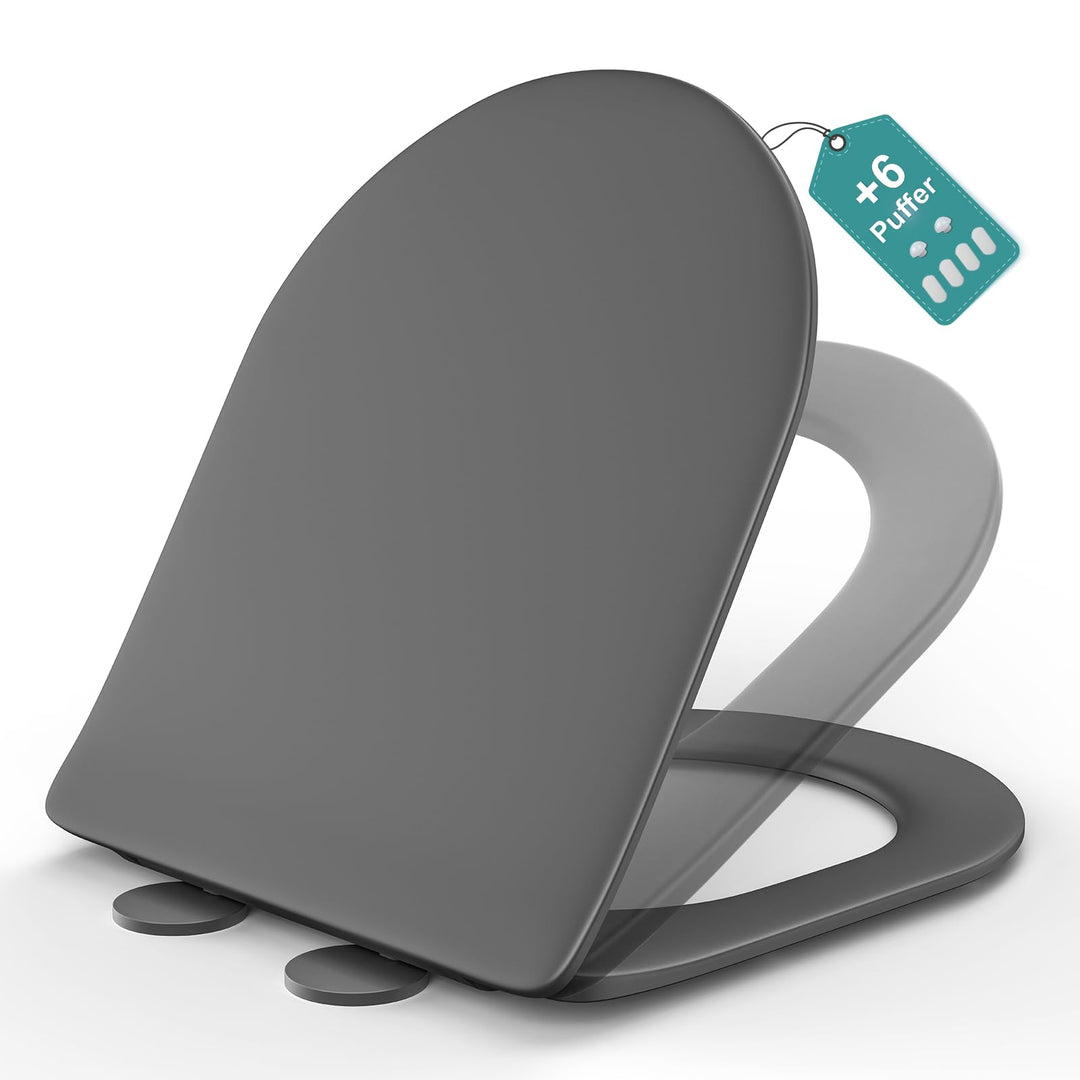 MEEJEE WC Sitz D Form, Toilettendeckel mit Absenkautomatik, Klodeckel Grau, Soft Close Toilettenbril