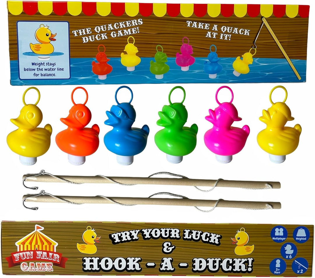 Entenangeln Set mit 6 mehrfarbigen Enten aus Kunststoff, Haken und Gewicht, inklusive 2 Angelruten,