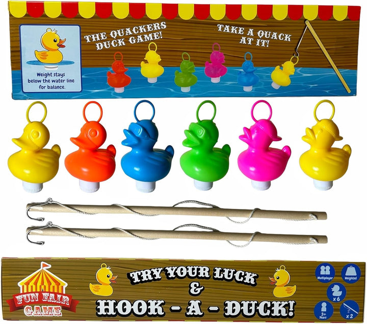Entenangeln Set mit 6 mehrfarbigen Enten aus Kunststoff, Haken und Gewicht, inklusive 2 Angelruten,
