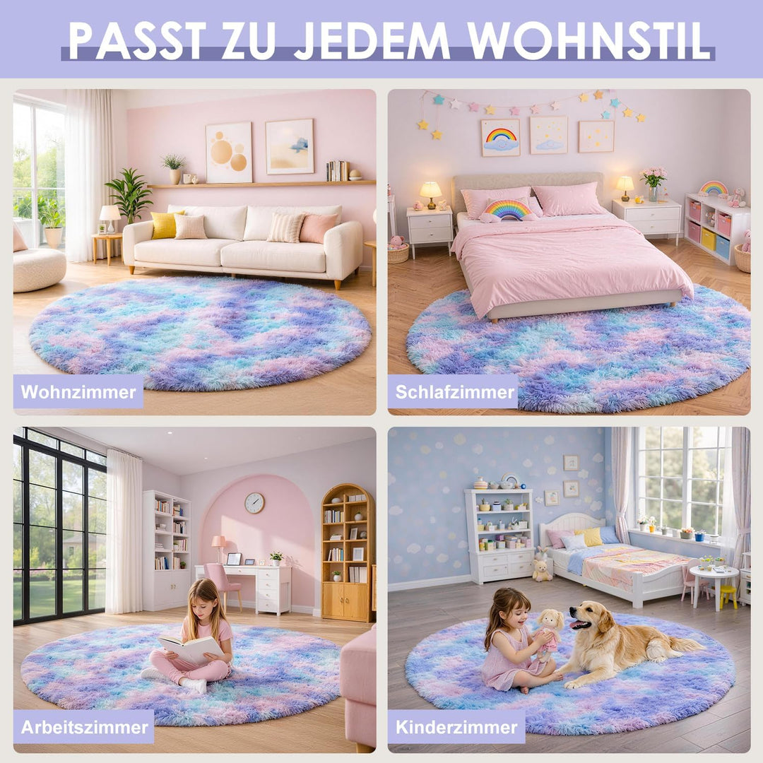 Runder Teppich 120 cm Blau-violett Waschbar Rutschfester Runder Hochflorteppich Wohnzimmer Schlafzim