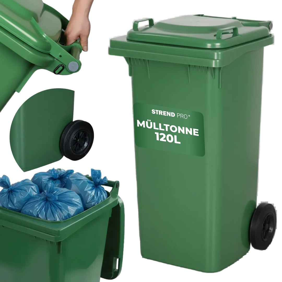 STREND PRO Mülltonne 120L Grün | Abfalltonne für Gartenabfall, Papier & Glas | Mülleimer mit Deckel