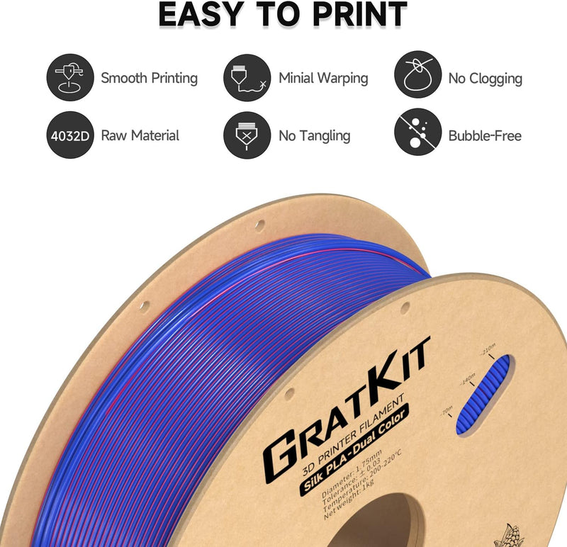 GratKit Silk Dual Color Filament PLA 1.75mm, -0.03mm, Coextrusion PLA Filament, 3D Drucker Filament,