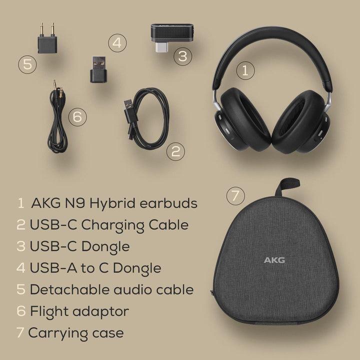 AKG N9 Hybrid Over-Ear Kopfhörer – Kabeloser kristallklarer Sound, True Adaptive Noise Cancelling, Z