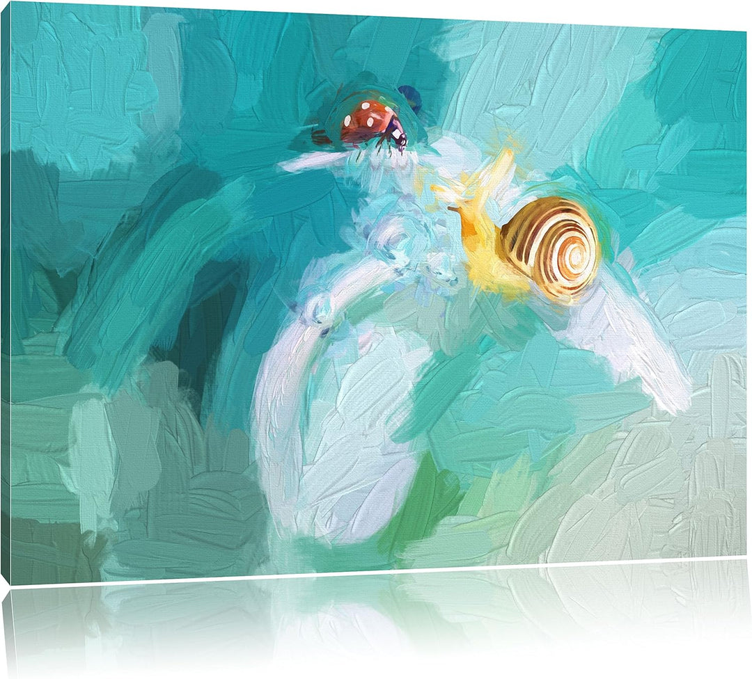 Pixxprint eine Schnecke und Marienkäfer als Leinwandbild/Grösse: 100x70 cm/Wandbild/Kunstdruck/ferti