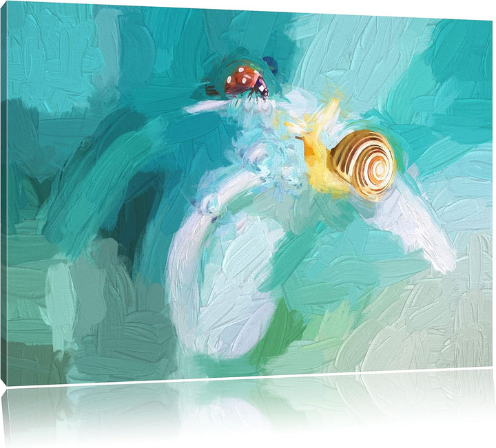 Pixxprint eine Schnecke und Marienkäfer als Leinwandbild/Grösse: 100x70 cm/Wandbild/Kunstdruck/ferti