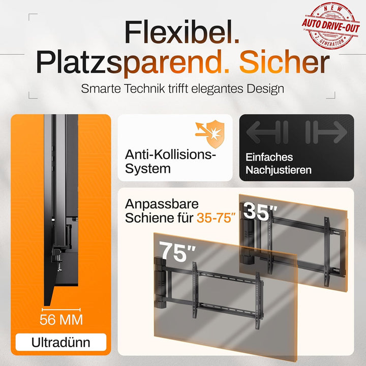 EasyLife – Elektrische, Schwenkbare TV-Wandhalterung mit Auto-Drive-Out, Ultraschlank 56mm, leiser M