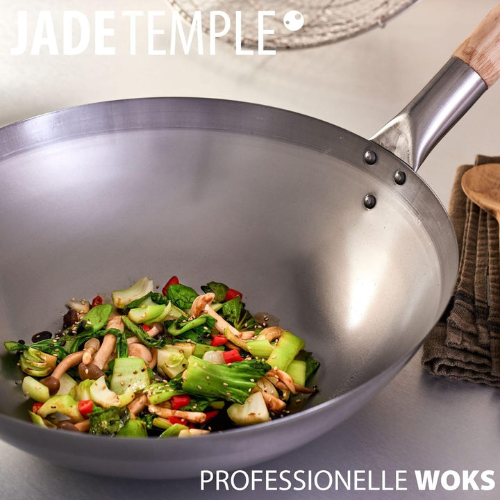 JADE TEMPLE Wok aus Carbonstahl mit 30 cm Durchmesser, mit rundem Holzgriff, Grau Durchmesser 30 cm