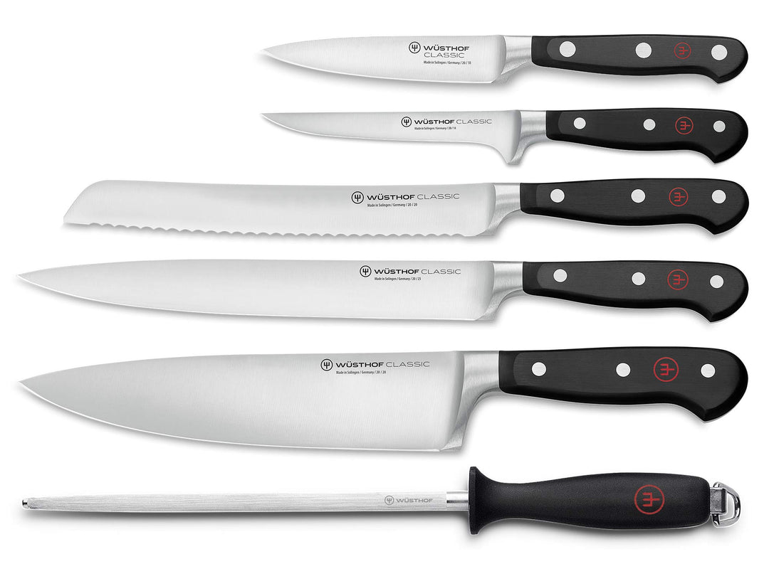 WÜSTHOF Classic Messergarnitur mit 6 Artikeln, Schwarz,silber 5 Kochmesser, Wetzstahl