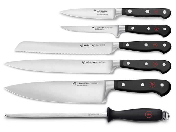 WÜSTHOF Classic Messergarnitur mit 6 Artikeln, Schwarz,silber 5 Kochmesser, Wetzstahl