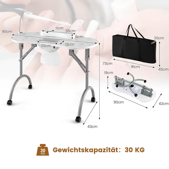 COSTWAY Maniküretisch klappbar, Nageltisch mit elektrischem Staubsammler, LED-Lampe, Handgelenkaufla