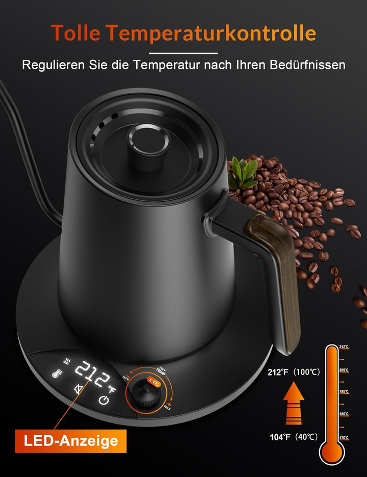 Schwanenhals Wasserkocher,1200W Elektrischer Kaffeekessel aus Edelstahl,Temperatureinstellung mit 24