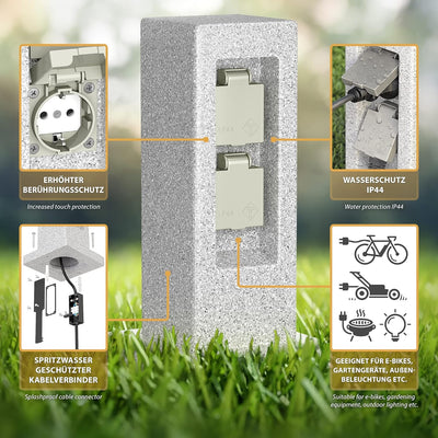 ledscom.de Garten-Steckdosensäule POCK mit Erdspiess Stein-Optik für aussen, 2-Fach, Kunstharz, ecki