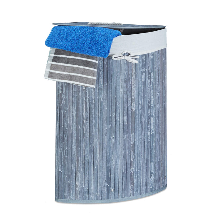 Relaxdays Eckwäschekorb Bambus, faltbare Wäschebox 60 l, platzsparend, Wäschesack Baumwolle, 65 x 49