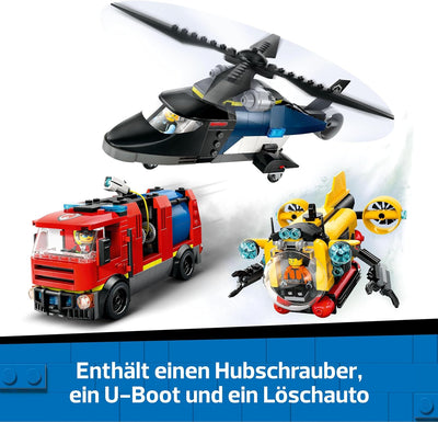 LEGO City Kombinationsset mit Hubschrauber, Löschauto und U-Boot und 3 Minifiguren - Baubare Spielze